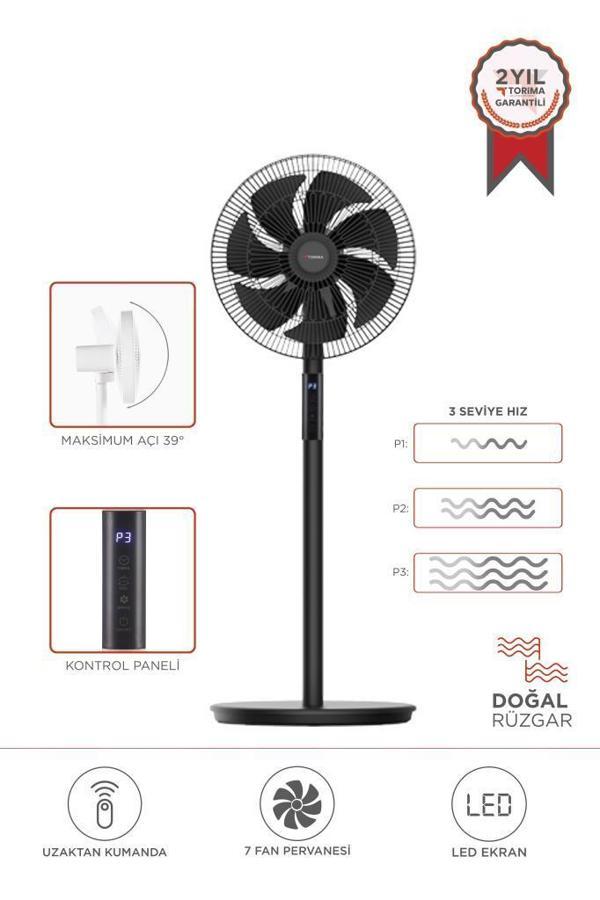 Torima SF-02 Siyah Ayaklı 16'' İnc 60W 3 Kademe 7 Pervaneli Kumandalı Diğital Ekranlı Vantilatör Fan - Image 1