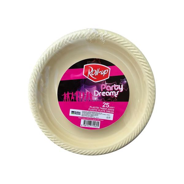 Roll-Up Kullan At Renkli Krem Renk Parti Davet Plastik Tabak - 22 Cm. - 25 Adetlik Paket - Image 1