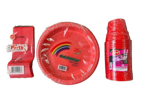 Piknik Davet Doğum Günü Ofis Catering Omeyva Sofra Seti - 25 Kişilik KırmızıTabak Bardak Çatal  - Image 1