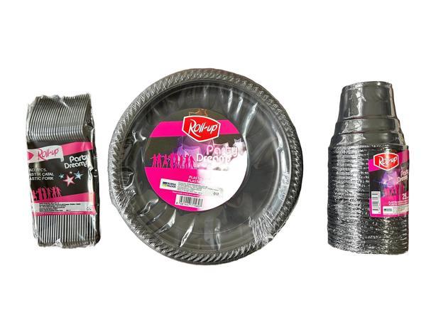 Piknik Davet Doğum Günü Ofis Catering Omeyva Sofra Seti - 25 Kişilik Siyah Tabak Bardak Çatal Takımı - Image 1