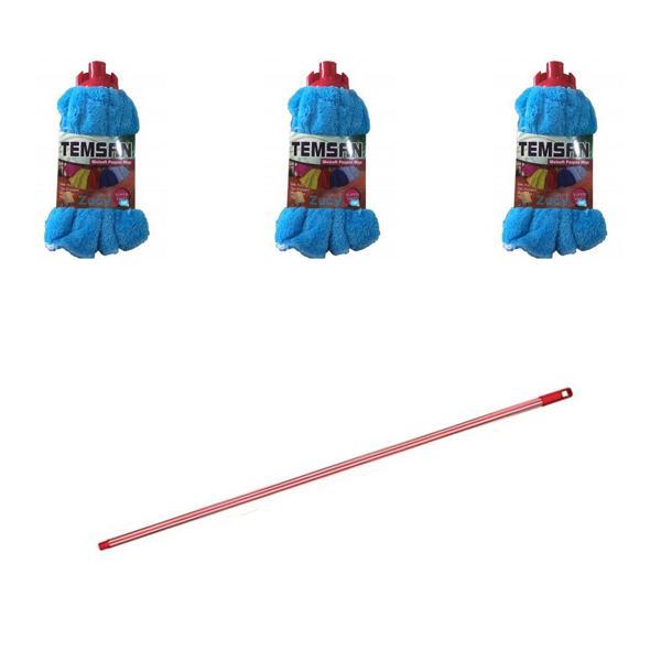 Yedek Islak Temizlik Kovası Mop Takımı Seti - Temsan Havlu Mop + Metal Çizgili Vidalı Sap -3 Moplu - Image 1
