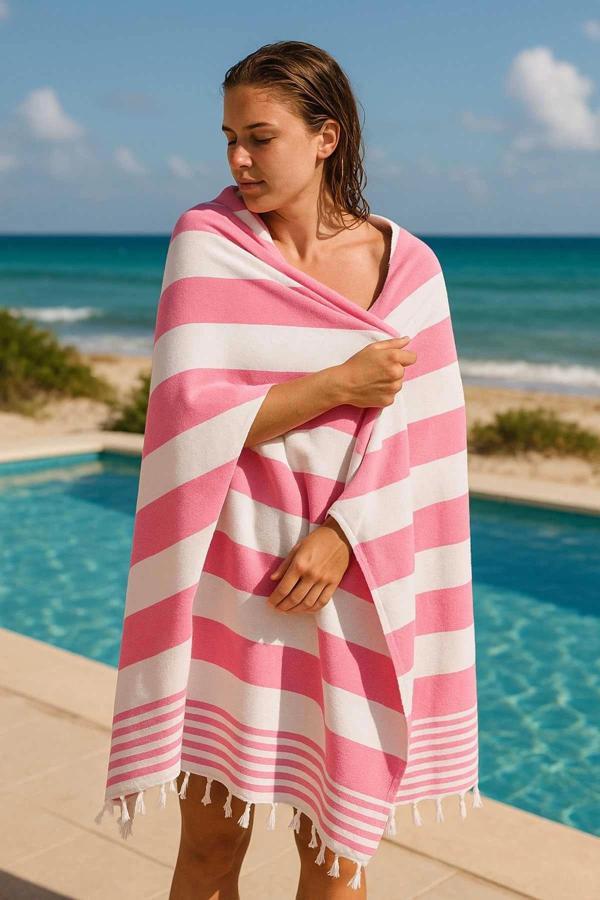 Mimoza Unisex Peştemal Plaj Havlusu 100x180 Cm %100 Pamuklu Soft Pembe-Açık Pembe - Image 1