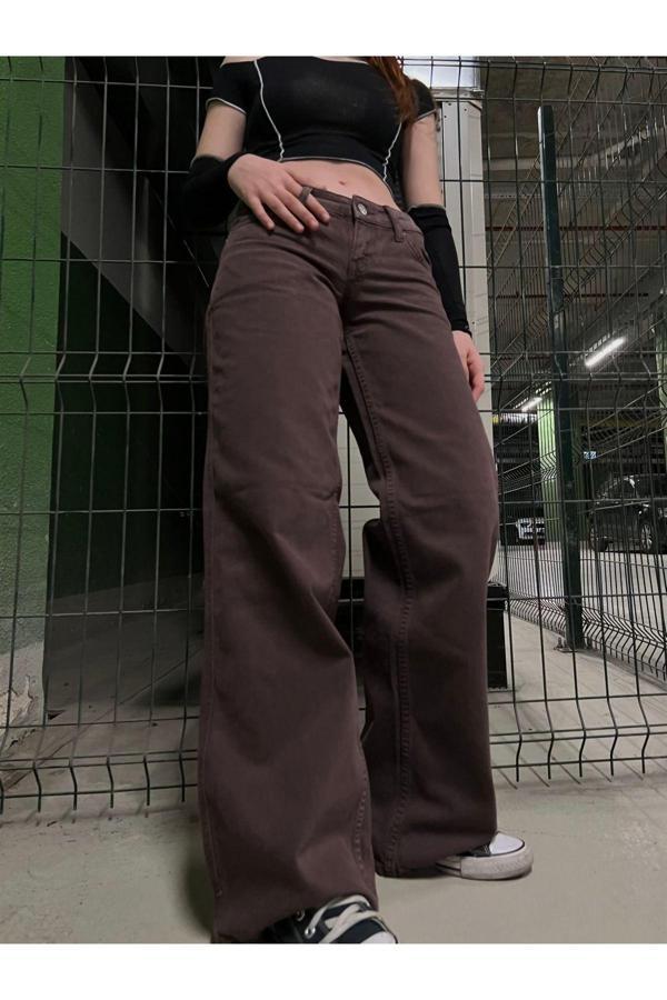 Viking'S Line Kahverengi Likralı Süper Yüksek Bel Salaş Jeans Palazzo Pantolon. (Süper Yüksek) Wide Leg - Image 1