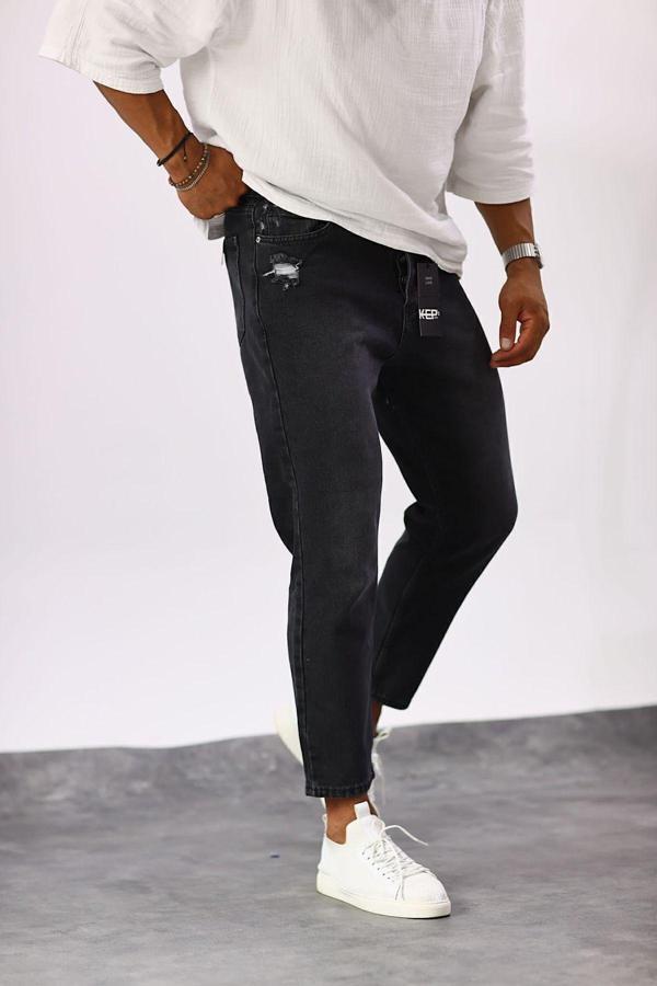 No61 Man Boyfriend Siyah Renk Taşlamalı Hafif Cep Yırtık Detaylı Kot Pantolon - Image 1