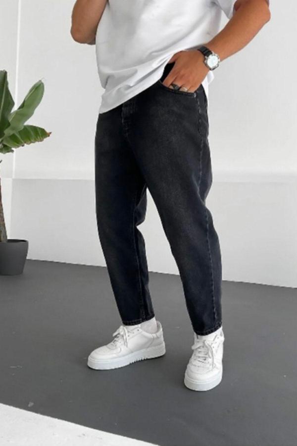 No61 Man Boyfriend Siyah Taşlamalı Rahat Kalıp Kot Pantolon - Image 1