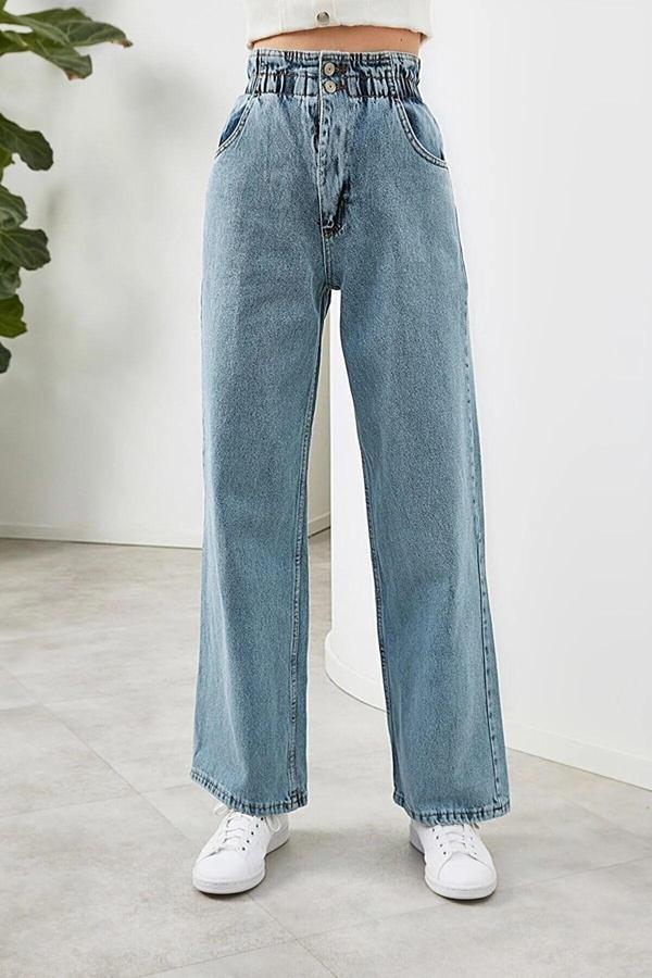 Viking's Line Buz Kar Beli Lastikli Likralı Yüksek Bel Salaş Bol Paça Kot Pantolon Wide Leg Jean - Image 1