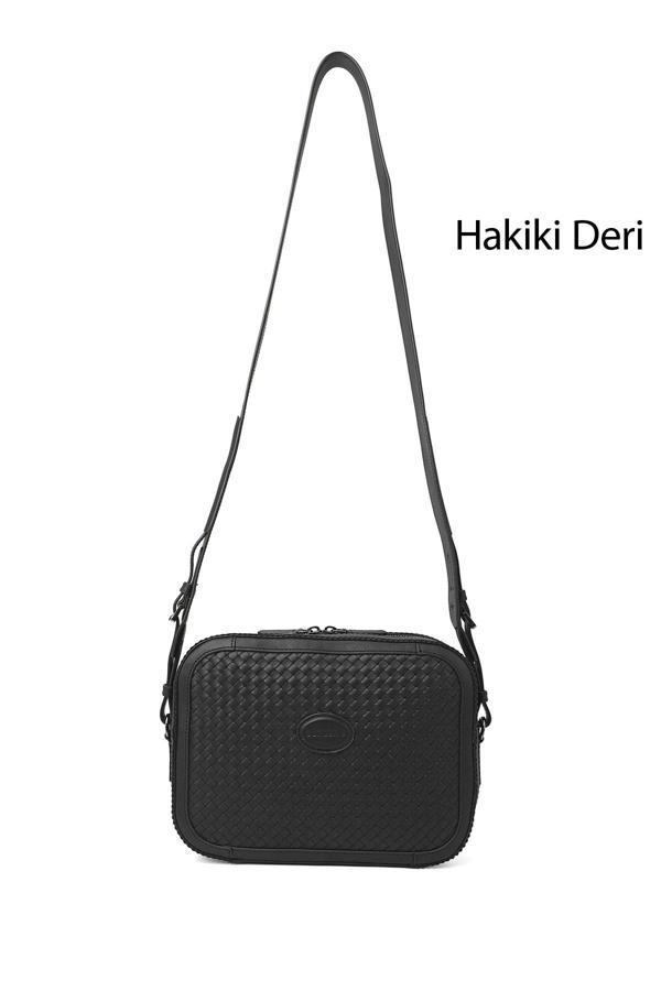 Kadın Siyah Hakiki Deri Hasır Örgü Uzun Askılı Omuz Çantası - Image 1
