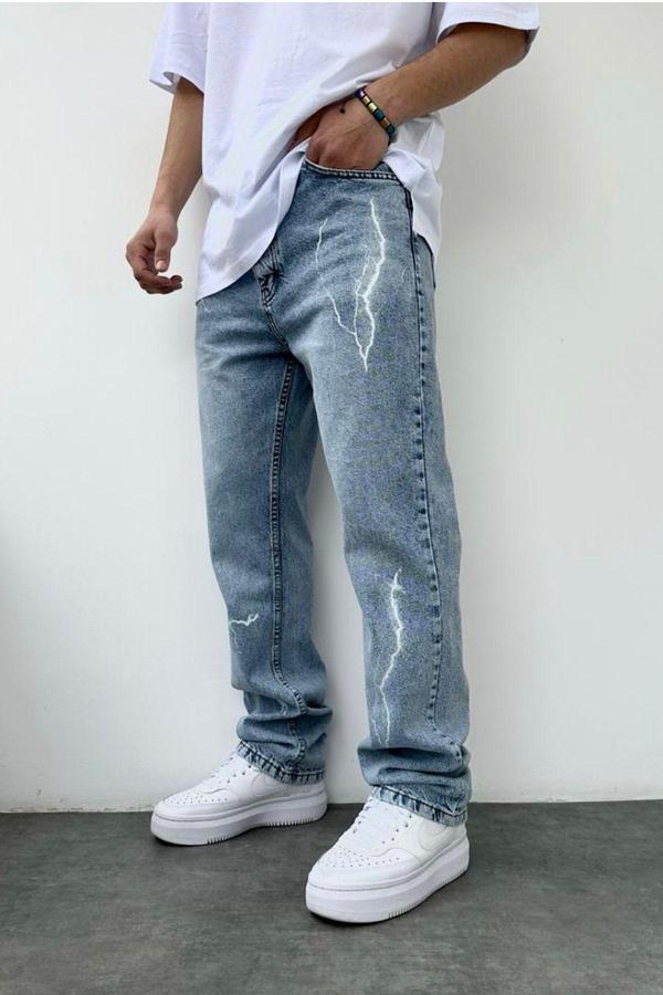 No61 Man Erkek Mavi Baggy Şimşek Desen Baskılı Kot Pantolon - Image 1