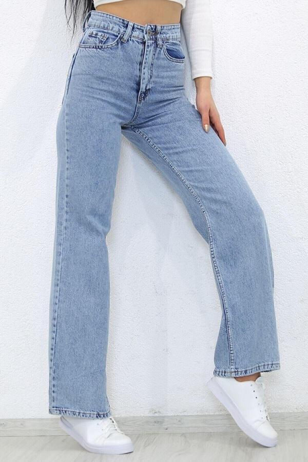 Viking's Line Dessin Açık Mavi Kar Yıkama Likralı Palazzo Salaş Paça Süper Yüksek Bel Jean Pantolon - Image 1