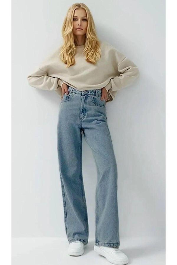 Viking'S Line Kar Yıkama Salaş Kot Pantolon Buz Mavi Kar Likrasız Palazzo - Image 1