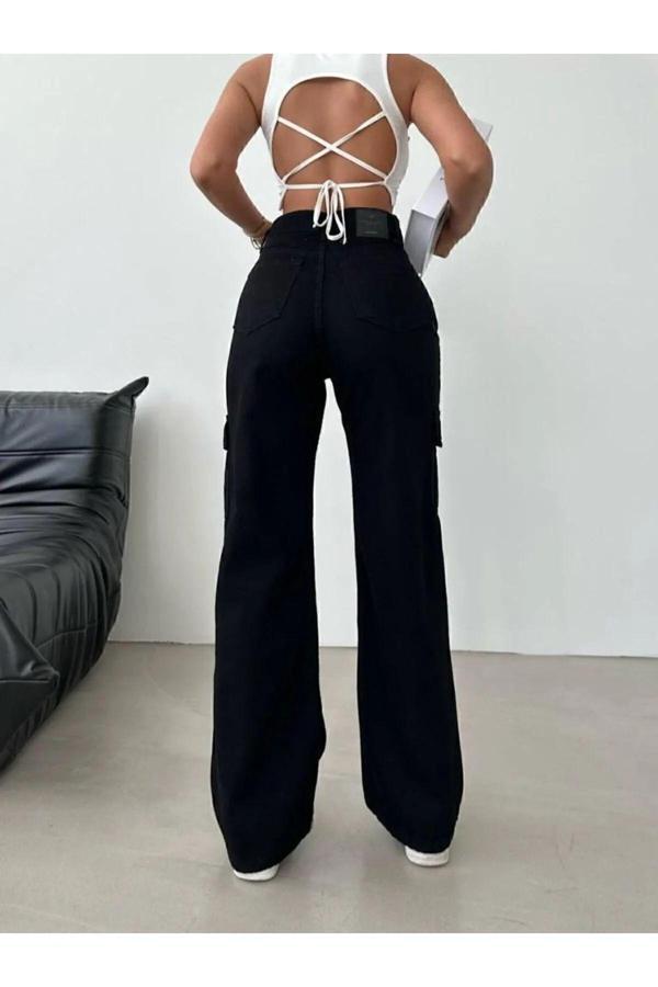 Viking'S Line Siyah Solmaz Altı Cep Kargo Pantolon Yüksek Bel Wide Leg - Image 1