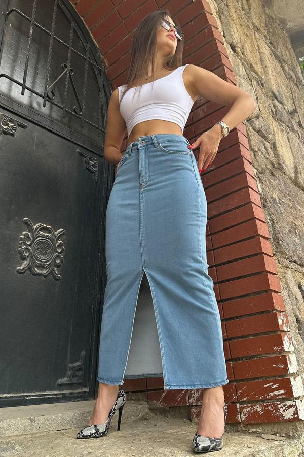 Viking's Line Kadın Maxi Denim Etek Likralı Önden Yırtmaçlı Yüksek Bel Acık Mavi - Image 1