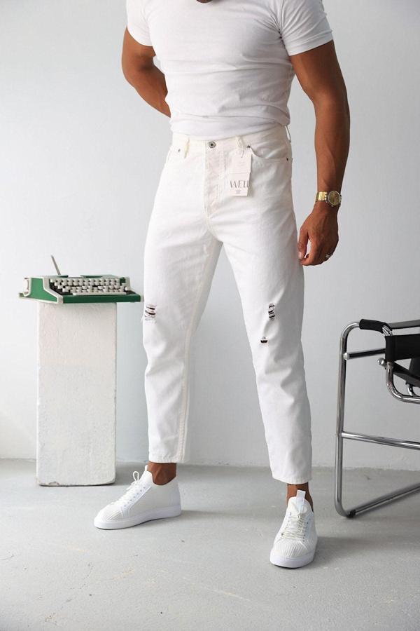 No61 Man Boyfriend Beyaz Yırtık Detaylı Kot Pantolon - Image 1
