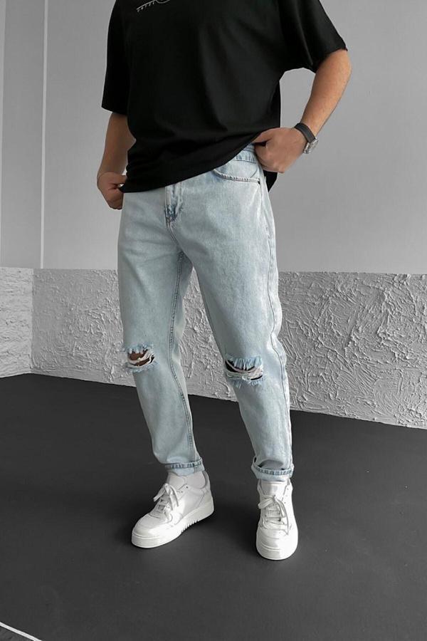 No61 Man Boyfriend Buz Mavisi Renk Diz Yırtık Model Rahat Kalıp Kot Pantolon - Image 1