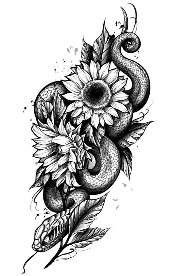 Caş Dekorasyon Yılan Ve Çiçek Figürlü Geçici Dövme Tattoo - Image 1