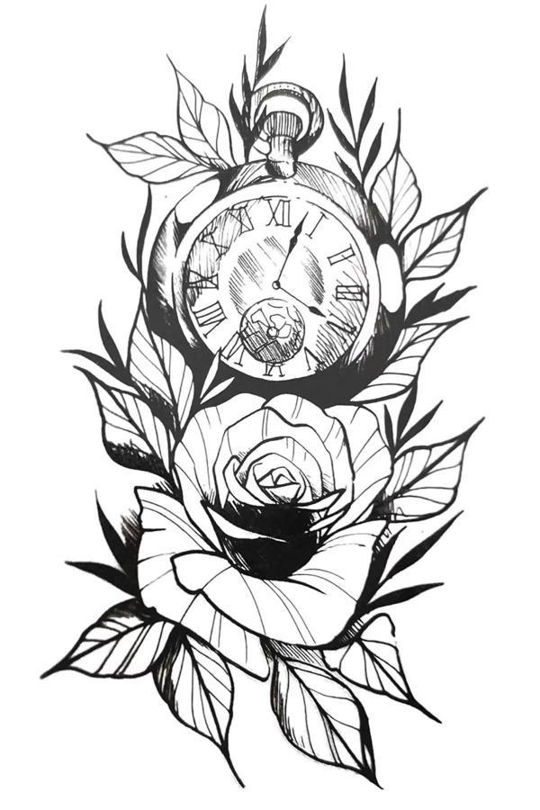 Caş Dekorasyon Gül Ve Saat Figürlü Geçici Mini Dövme Tattoo - Image 1