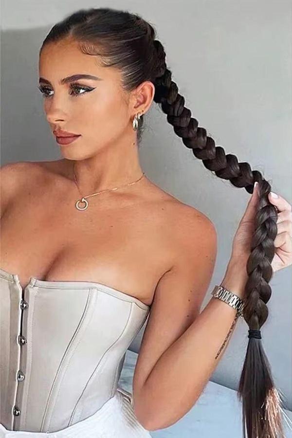 Caş Dekorasyon Kahverengi Takma Lastik Tokalı Örgü At Kuyruğu Saç (65 Cm) - Image 1