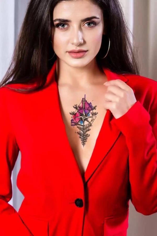 Caş Dekorasyon Pusula Ve Gül Figürlü Geçici Dövme Tattoo - Image 1