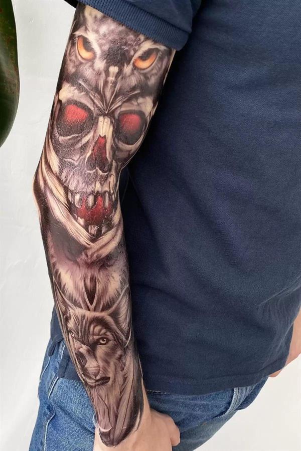 Caş Dekorasyon Kurukafa ve Baykuş Modelli Kol Dövme Tattoo - Image 1