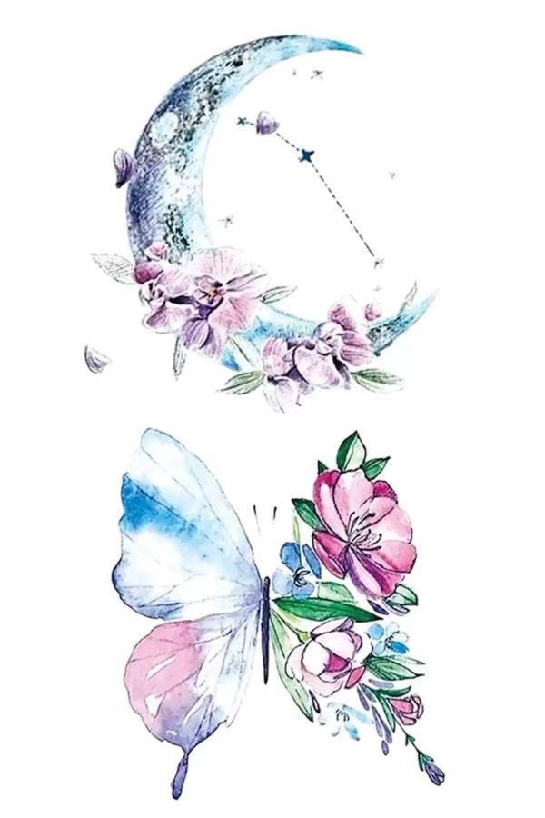 Caş Dekorasyon Ay Ve Kelebek Figürlü Geçici Mini Dövme Tattoo - Image 1