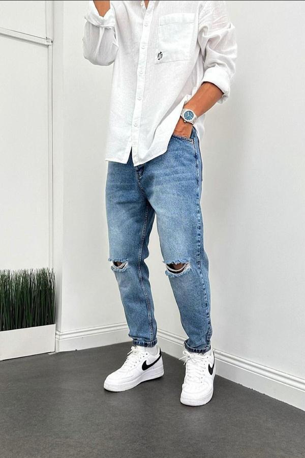 No61 Man Boyfriend Mavi Eskitme Diz Yırtık Kot Pantolon - Image 1