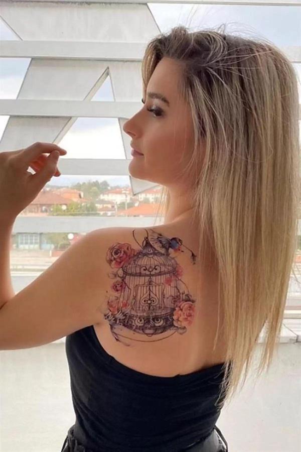 Caş Dekorasyon Kafes Kuş ve Gül Geçici Dövme Tattoo - Image 1