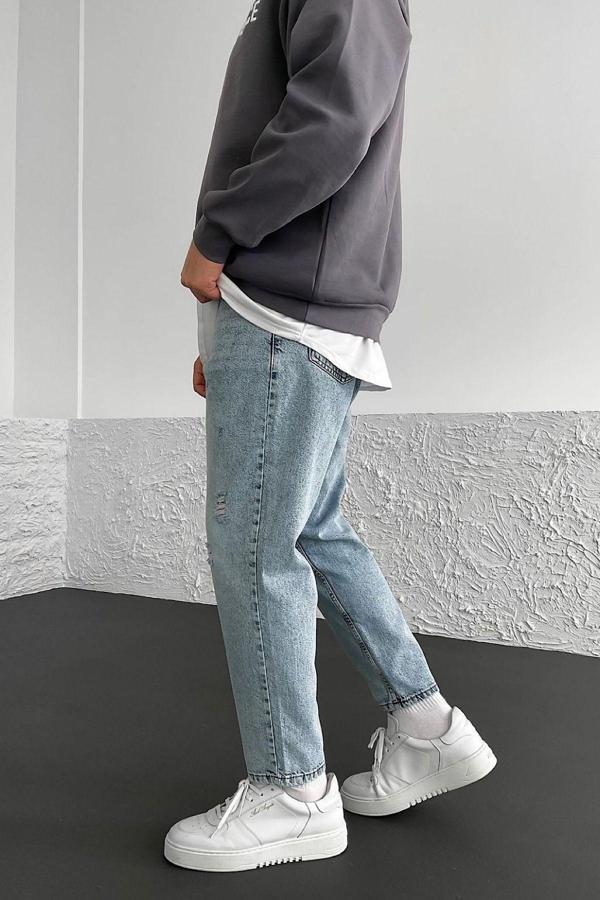 No61 Man Boyfriend Mavi Taşlamalı Ve Yırtık Modelli Kot Pantolon - Image 1
