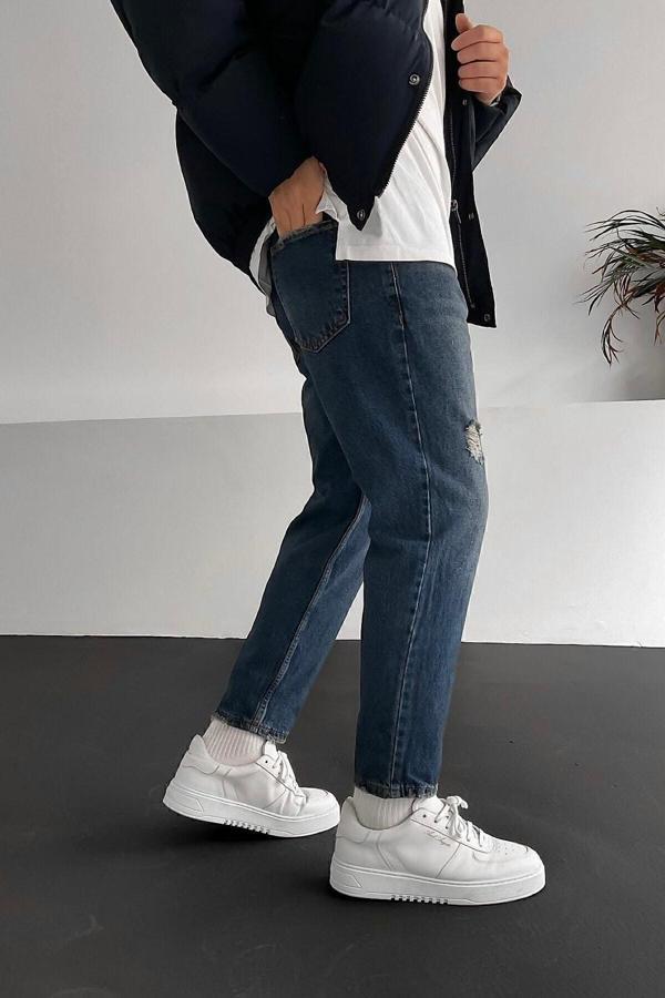 No61 Man Boyfriend Rahat Kalıp Mavi Taşlamalı Kot Pantolon - Image 1