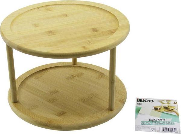2 KATLI YUVARLAK=24.5CM DÖNER TABLALI AHŞAP BAMBU SUNUM TEPSİSİ - MİNİ SOFRA (5060) - Image 1