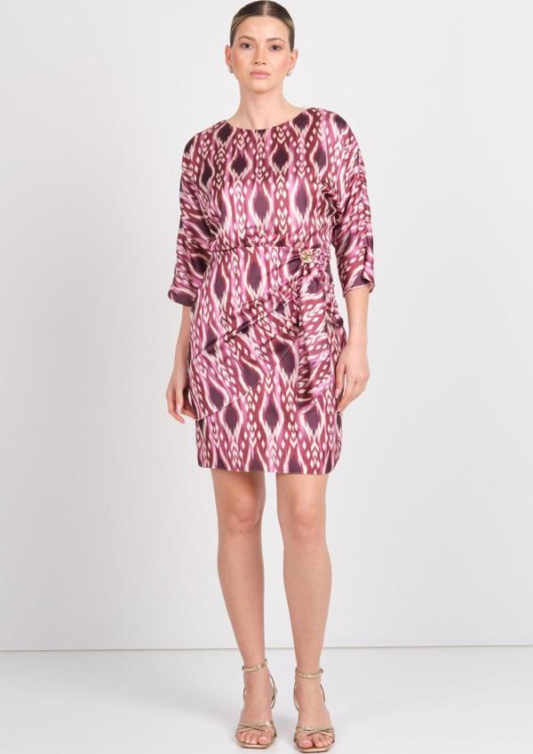 Explosion Kadın Desenli Belde Toka Detaylı Mini Elbise 7874 Bordo - Image 1