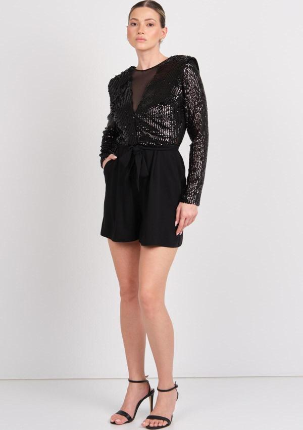 Explosion Kadın Ön - Arka Derin V Yaka ve Transparan Payetli Kısa Abiye Tulum 2419 Siyah - Image 1