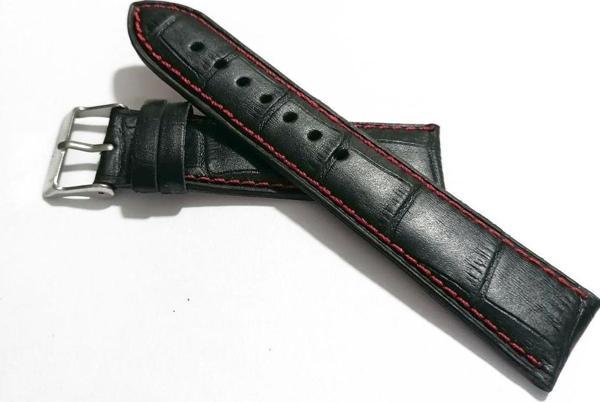 Fado  Tüm Saate Uyumlu &  Hakiki  Dana  Derisi Saat Kordonu  22 Mm  ( 131)  Kırmızı Dikişli  Siyah - Image 1