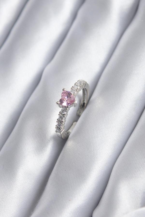 Gümüş Renk Zirkon Taşlı Pembe Kristal Kalp Model Kadın Yüzük - Image 1