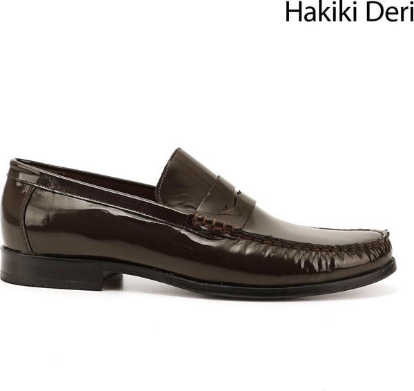 Erkek Kahve Rugan Kösele Taban Hakiki Deri Loafer Ayakkabı - Image 1