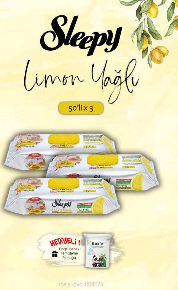 Sleepy Mutfak Havlusu Limon Yağlı 3'lü 50 Yaprak, ROSIE Hediye - Image 1