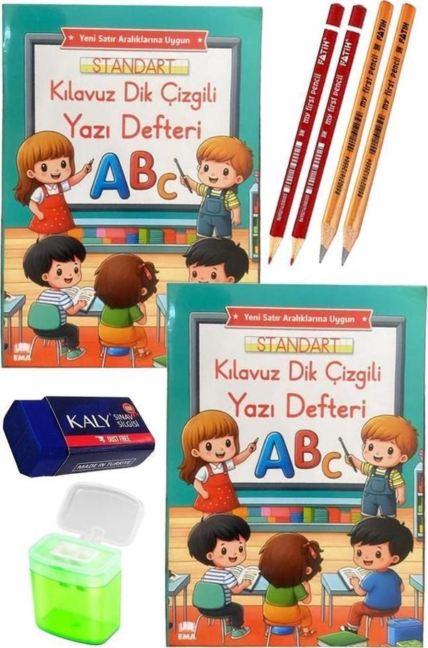 Kılavuz Dik Çizgili Güzel Yazı Defteri A4 Büyük Boy Fatih Kırmızı ve Siyah Jumbo Kurşun Kalem Sınav Silgisi Kalemtraş - Image 1