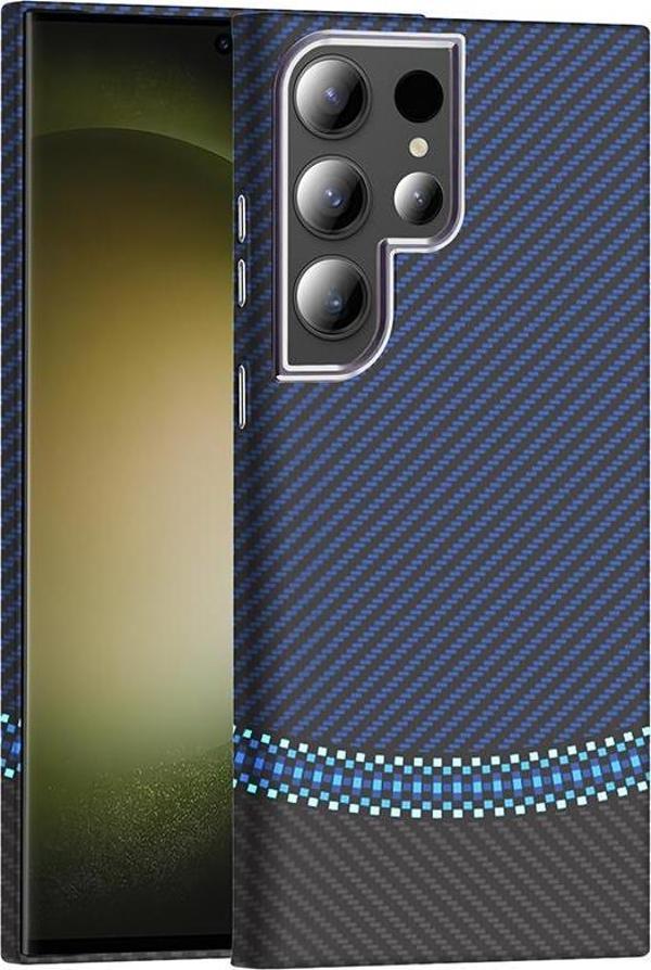 Galaxy S23 Ultra Kılıf M-safe Şarj Özellikli Karbon Fiber Görünümlü Gros Kılıf Siyah-Lacivert - Image 1