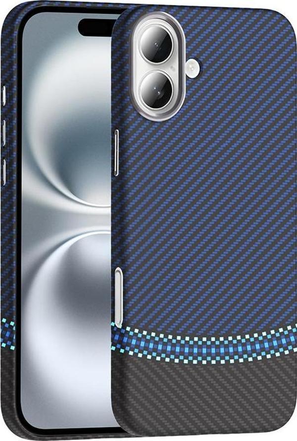 iPhone 16 Kılıf M-safe Şarj Özellikli Karbon Fiber Görünümlü Gros Kılıf Siyah-Lacivert - Image 1