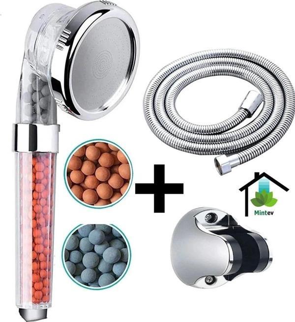 Mintev Filtreli Arıtmalı Boncuklu Set Su Tasarruflu Eco Duş Başlığı Krom Hortum Ve Mafsal - Image 1