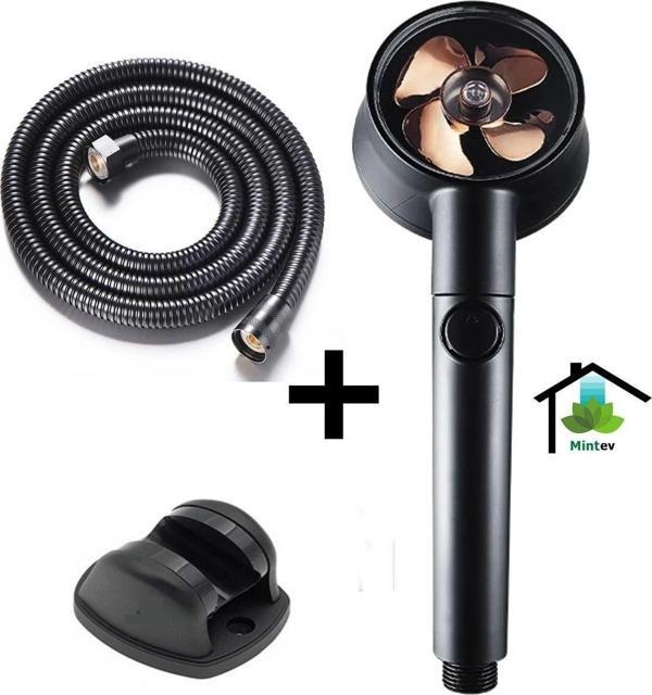 Mintev Siyah Turbo Pervaneli 5 Fonksiyonlu Duş Seti Turbo Başlık Ve Siyah Mafsal Hortum - Image 1