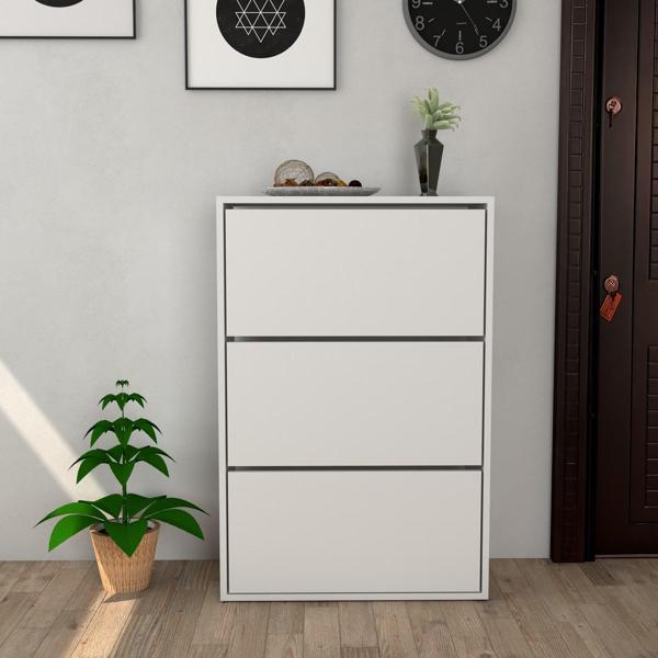 3 Kapaklı Kayar Raflı Ayakkabılık Beyaz - Image 1