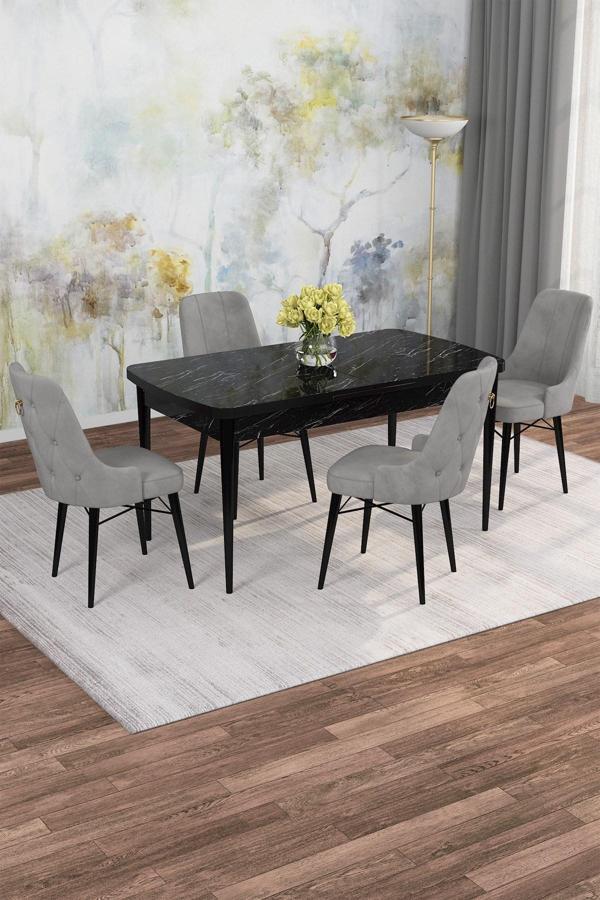 Arven Serisi 80x132 Açılabilir MDF Siyah Mermer Desen Mutfak Masa Takımı 4 Sandalye - Image 1