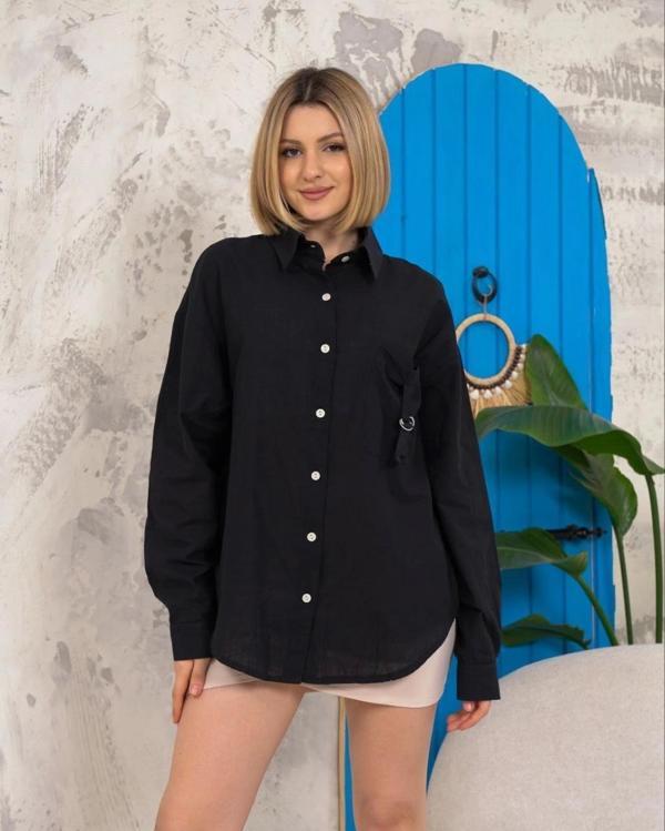 Relax fit keten gömlek siyah s255349 - Image 1