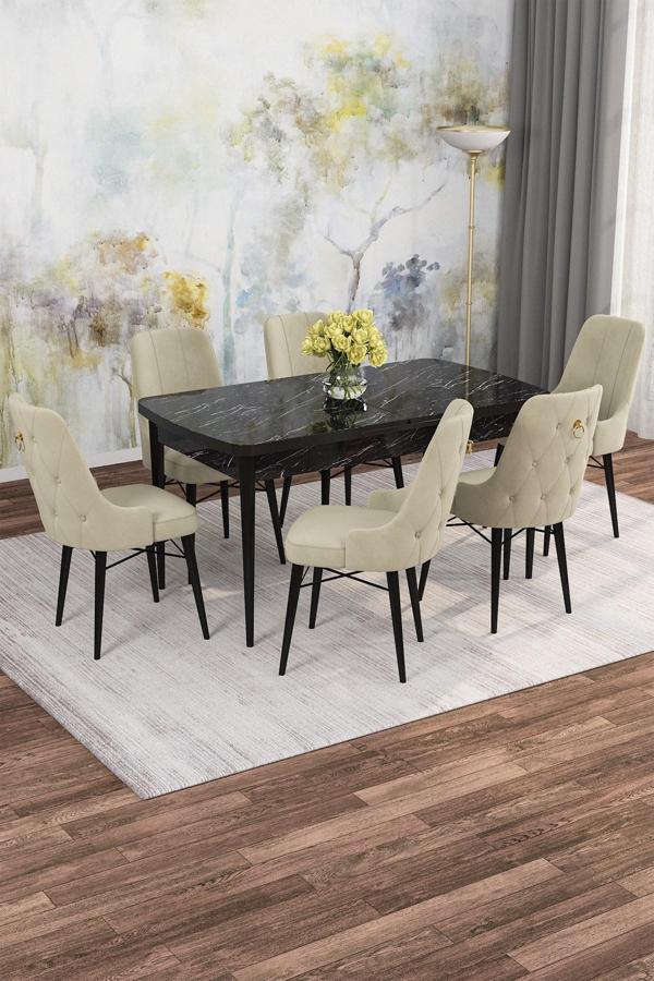 Arven Serisi 80x132 Açılabilir MDF Siyah Mermer Desen Mutfak Masa Takımı 6 Sandalye - Image 1