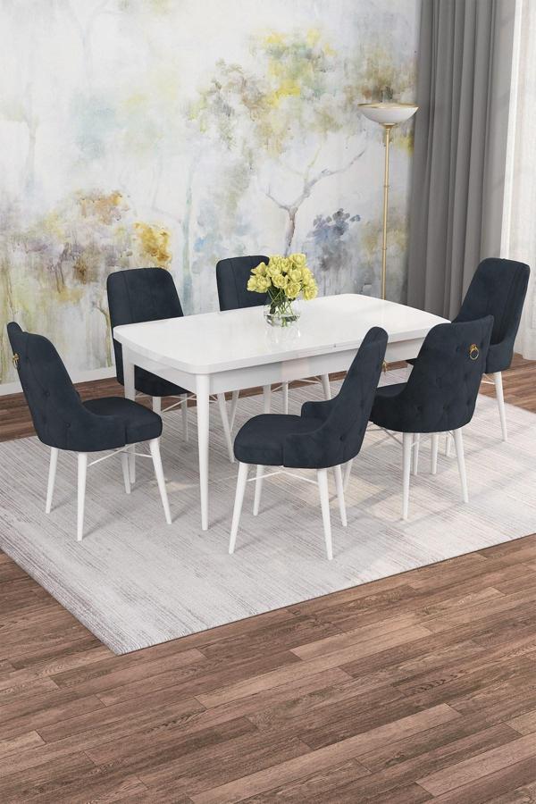 Arven Serisi 80x132 Açılabilir MDF Beyaz Mutfak Masa Takımı 6 Sandalye - Image 1