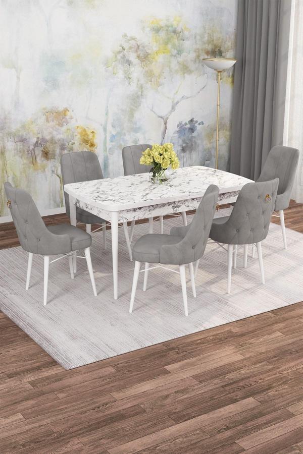 Arven Serisi 80x132 Açılabilir MDF Beyaz Mermer Desen Mutfak Masa Takımı 6 Sandalye - Image 1