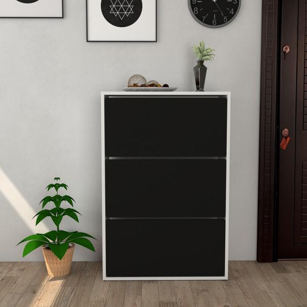 3 Kapaklı Kayar Raflı Ayakkabılık Siyah - Image 1