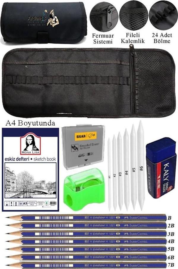 A4 Telli Eskiz Defteri Monalisa Spiralli Karakalem Rulo Kalemlik Siyah 24 Bölmeli Dereceli Kalem Gölgeleme Dağıtma Silgi - Image 1