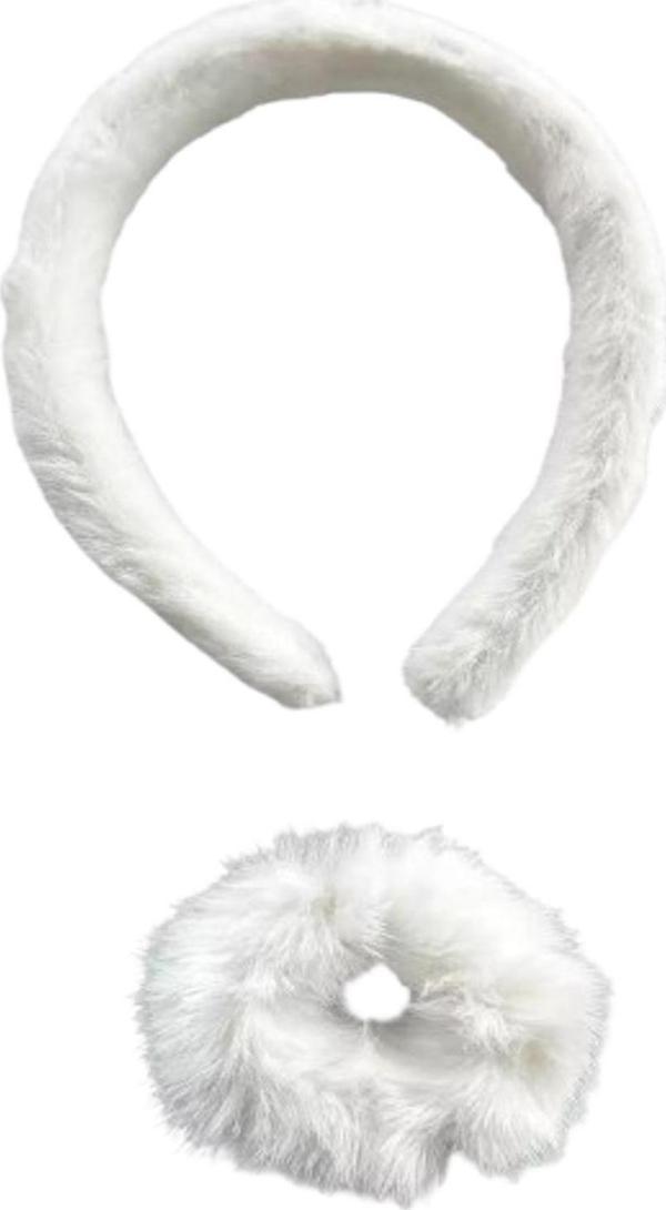 Caş Dekorasyon Beyaz Renk Peluş Taç Ve Simit Toka Set - Image 1