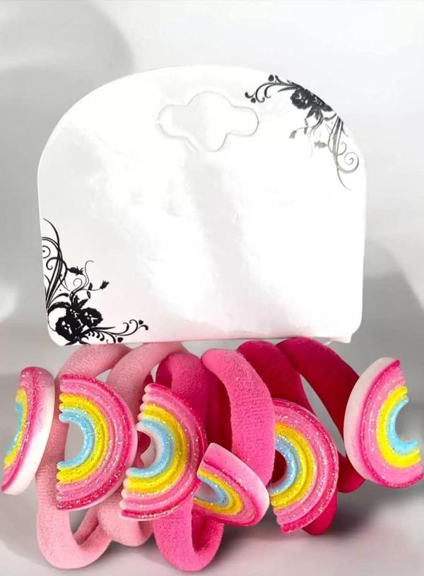 Caş Dekorasyon 6'lı Pembe Renk Gökkuşağı Figürlü Lastik Toka - Image 1